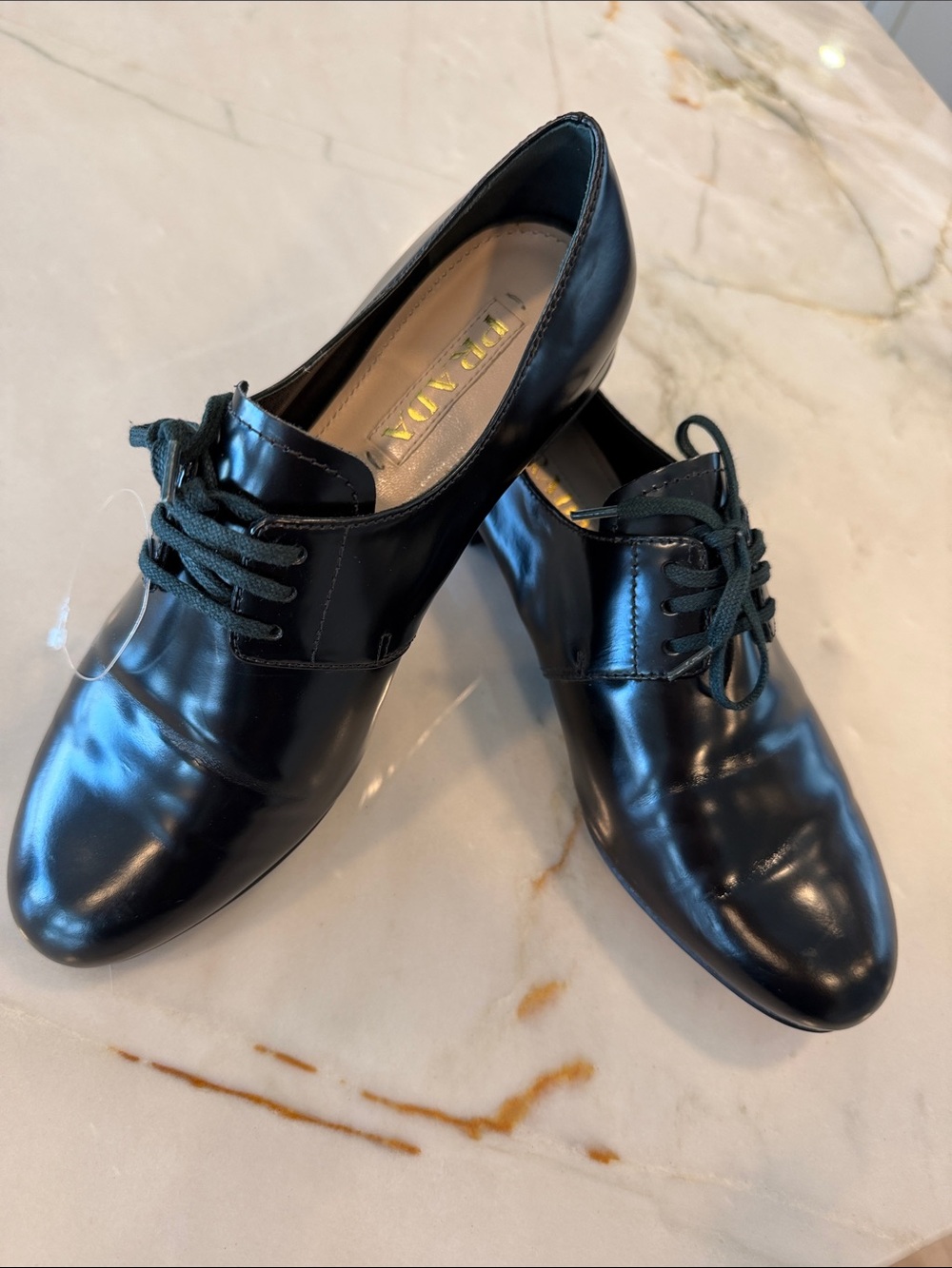 Prada Black Brushed Leather Oxfords Derby Dress Shoes Size 35.5 US 5.5 NWOB